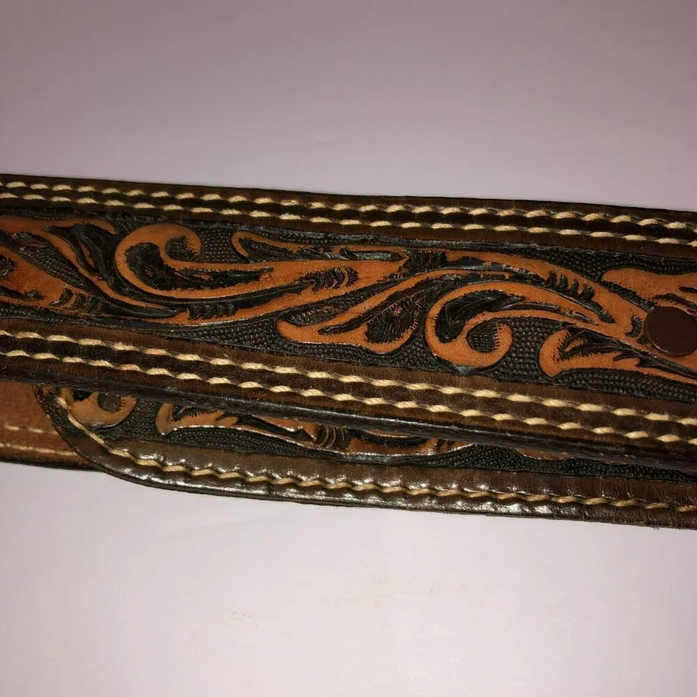 Vintage Big John Belt Tooled Full Grain Brown Saddle Leather Brass Buckle Sz 36